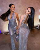 Vestido Longo Translucido Gola Solta Com Brilho Preto