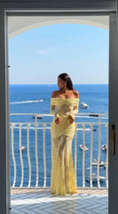 Vestido Longo Estilo Sereia Ombro a Ombro Amarelo