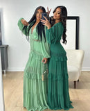 Vestido Longo Manga Longa Gola V Com Babados Rosa