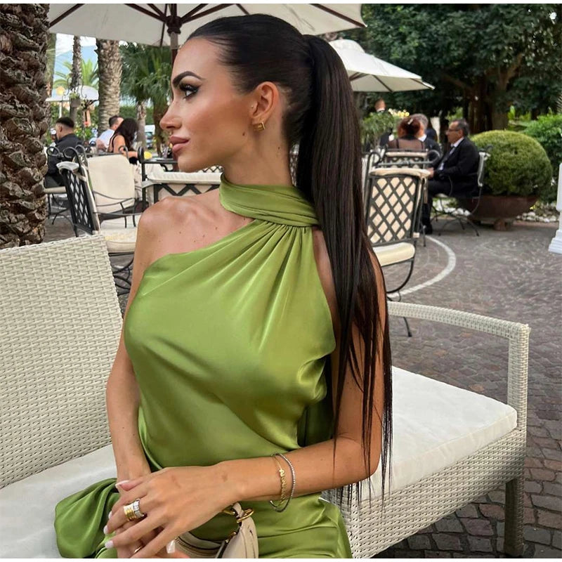 Vestido Longo Cetim Um Ombro Só Com Amarração No Pescoço Amarelo
