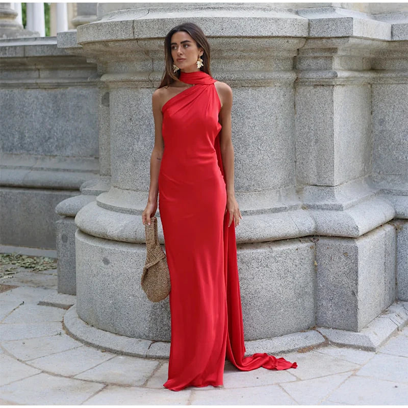 Vestido Longo Cetim Um Ombro Só Com Amarração No Pescoço Amarelo