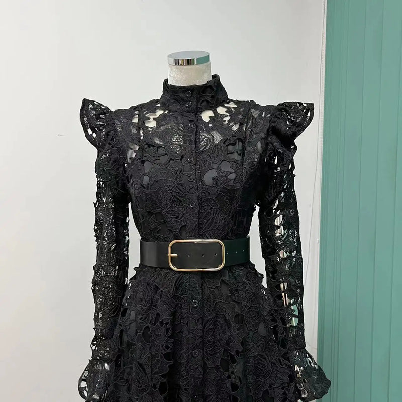 Vestido Midi Rendado Manga Longa Com Cinto Branco