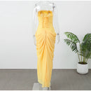 Vestido Longo Tomara Que Caia Com Fenda Drapeado Amarelo