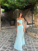 Vestido Longo Assimétrico Alça Fina Com Fenda Azul