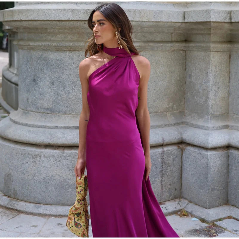 Vestido Longo Cetim Um Ombro Só Com Amarração No Pescoço Amarelo
