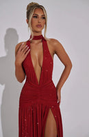 Vestido Longo Todo em Lurex Brilhoso Com Fenda Frontal Bege