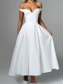 Vestido Longo Estruturado Rodado Ombro a Ombro Branco