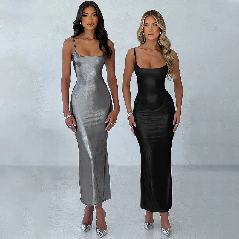 Vestido Midi Alça Fina Cintilante Cinza