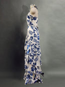 Vestido Longo Estampado Com Babados E Amarração No Pescoço