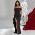 Vestido Ombro A Ombro Com Fenda Preto