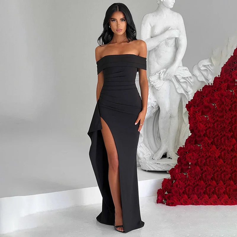 Vestido Ombro A Ombro Com Fenda Preto