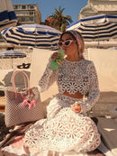 Conjunto 2 Peças Cropped e Saia Rendado Floral Preto