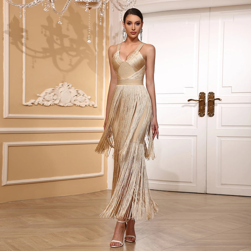 Vestido Longo De Malha Todo Em Franjas Pink