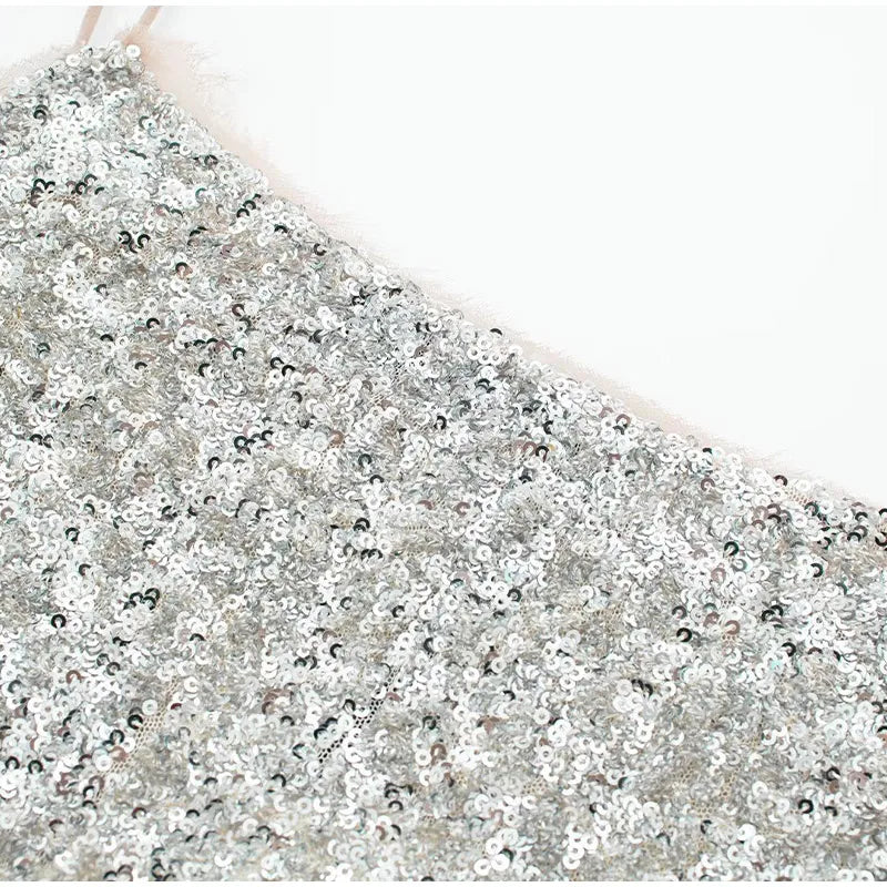 Vestido Midi De Paetês Alça Fina Prata