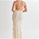 Vestido Longo Decote V Flores 3D Off White