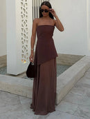 Vestido Longo Tomara Que Caia Assimétrico Sobreposto Marrom