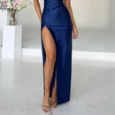 Vestido Longo De Cetim Alça Fina Com Fenda Azul