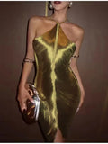 Vestido Curto De Franjas Gola Halter Dourado