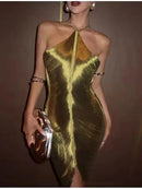 Vestido Midi De Franjas Gola Halter Dourado