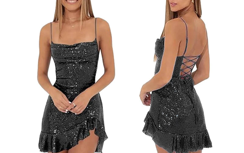 Vestido Curto De Paetê Com Babados Preto