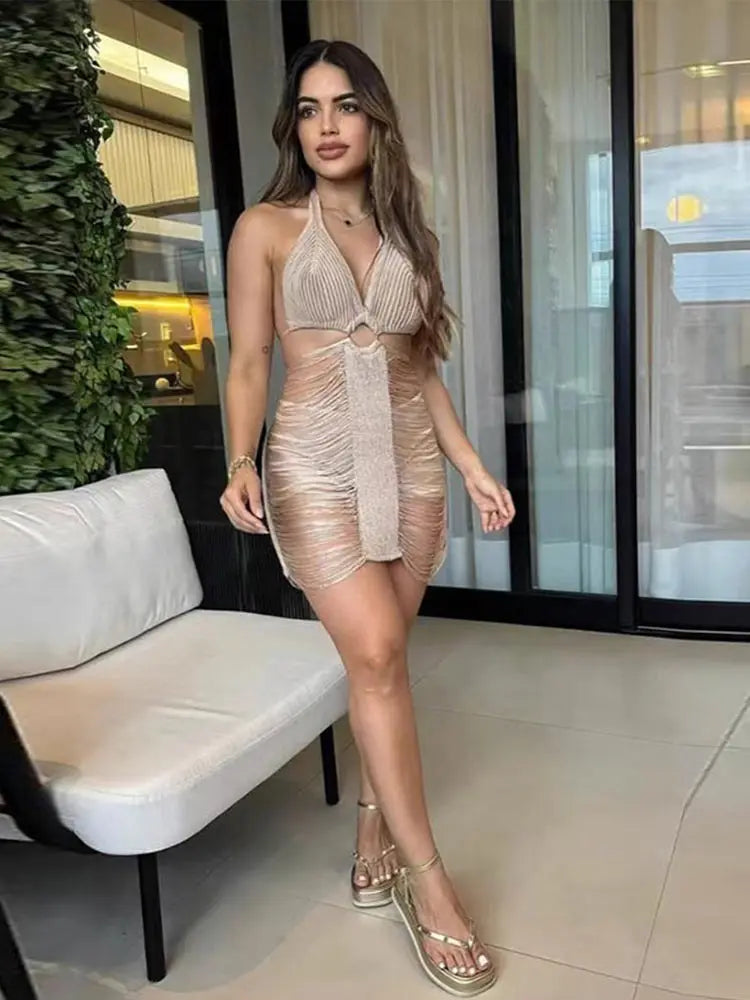 Vestido Curto De Tricô Com Franjas Rosa