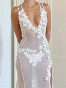 Vestido Longo Translucido Flores 3D