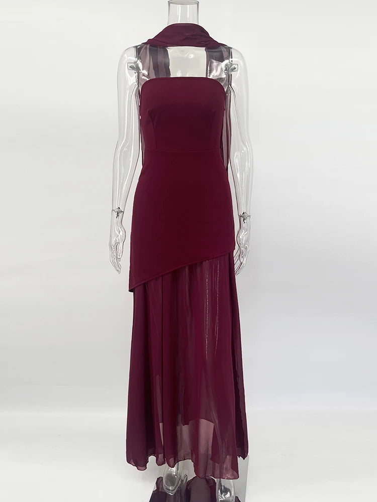 Vestido Longo Tomara Que Caia Assimétrico Sobreposto Marrom