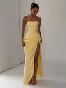 Vestido Longo Tomara Que Caia Com Fenda Drapeado Amarelo