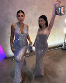 Vestido Longo Translucido Gola Solta Com Brilho Preto