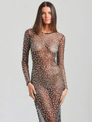 Vestido Longo Segunda Pele Com Strass Nude