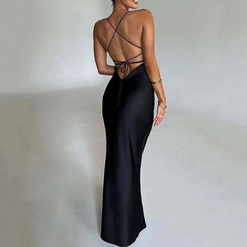 Vestido Longo De Cetim Decote Coração Azul