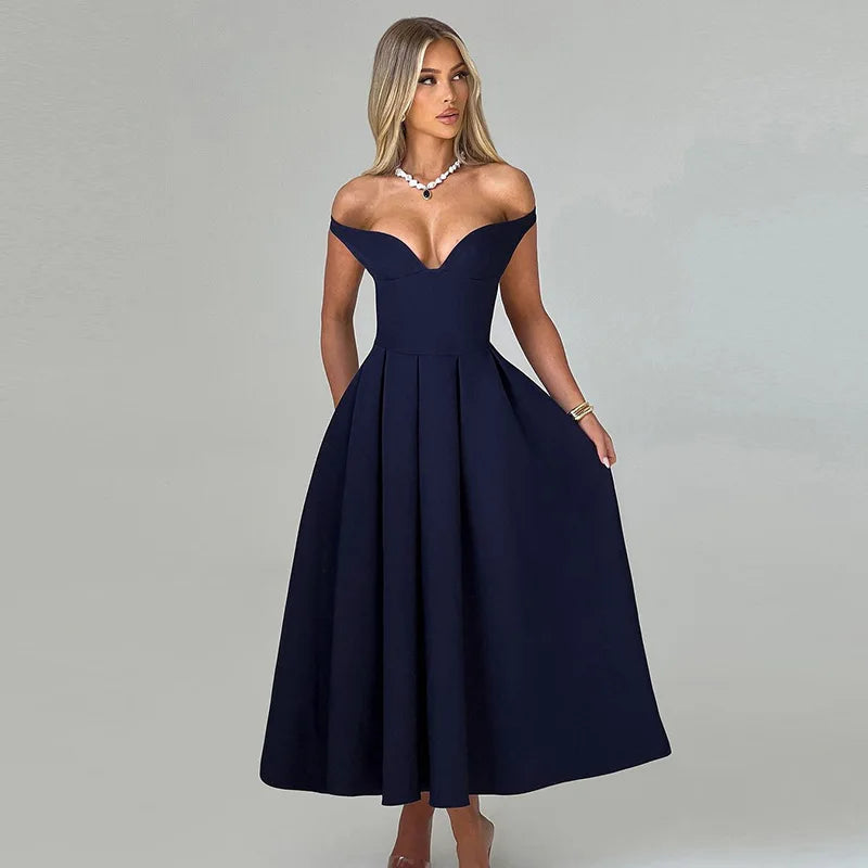 Vestido Longo Estruturado Rodado Ombro a Ombro Branco