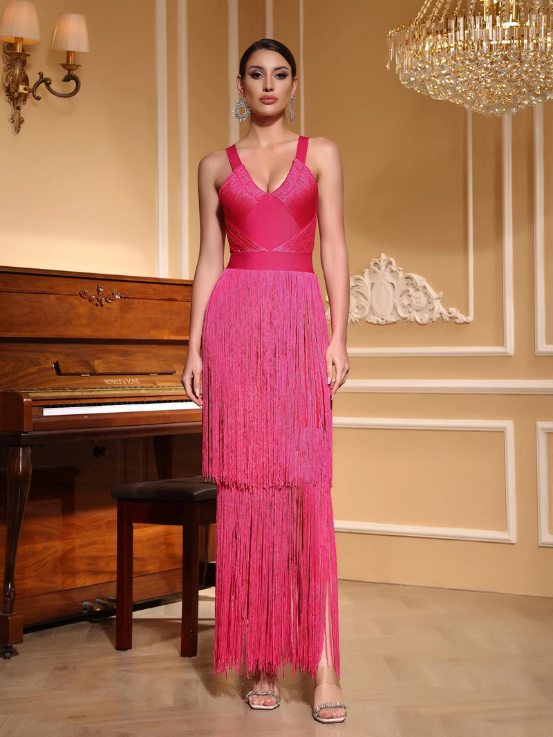 Vestido Longo De Malha Todo Em Franjas Pink
