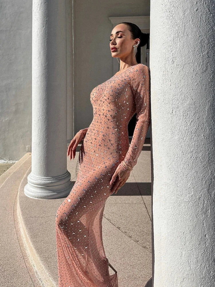 Vestido Longo Segunda Pele Com Strass Nude