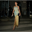 Vestido Longo Estampado Com Franjas