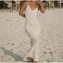 Vestido Longo Decote V Flores 3D Off White