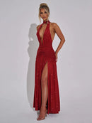 Vestido Longo Todo em Lurex Brilhoso Com Fenda Frontal Bege