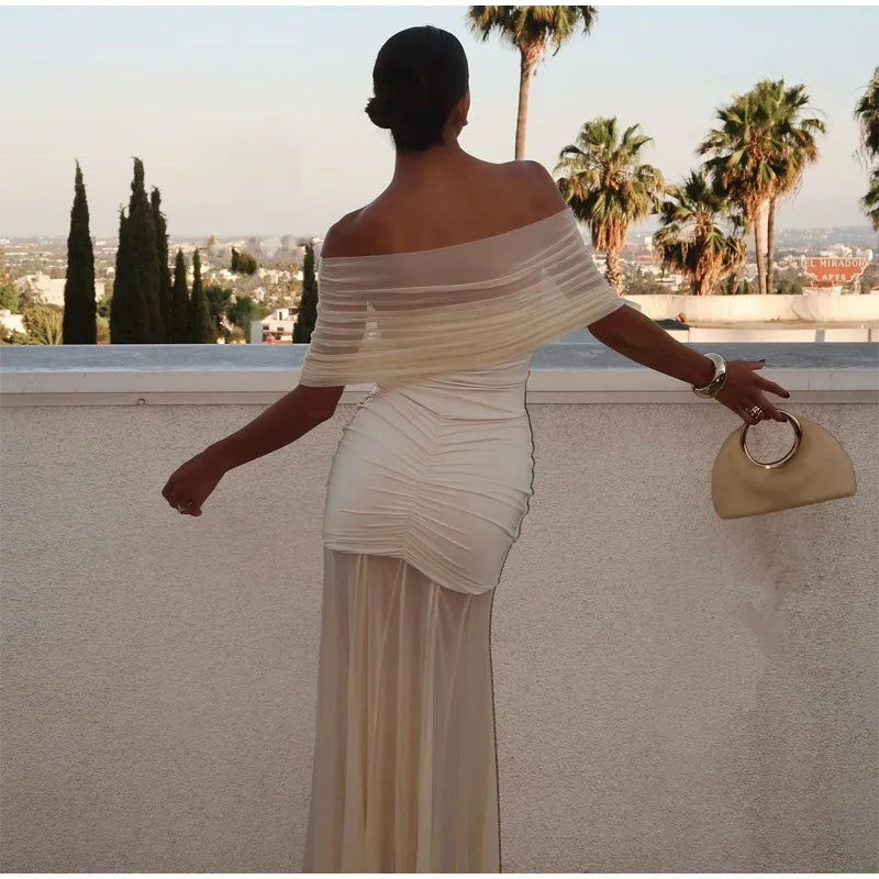 Vestido Longo Ombro a Ombro Off White Elegant