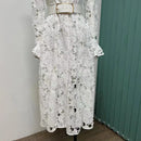 Vestido Midi Rendado Manga Longa Com Cinto Branco