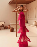 Vestido Longo Com Franjas Gola Halter Preto