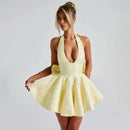 Vestido Curto Rodado Decote V Com Laço Amarelo