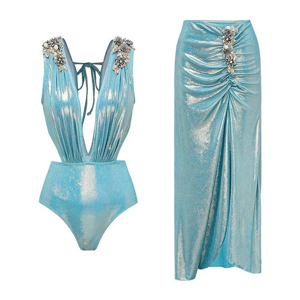 Conjunto 2 Peças Maiô e Saia Acetinado Azul Royal