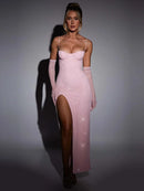 Vestido Longo Em Lurex Brilhoso Com Fenda Rosa