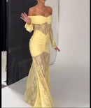 Vestido Longo Estilo Sereia Ombro a Ombro Amarelo