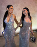 Vestido Longo Translucido Gola Solta Com Brilho Preto