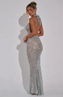 Vestido Longo Translucido Gola Solta Com Brilho Preto