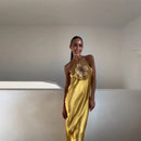 Vestido Longo Em Cetim Com Amarração No Pescoço Amarelo