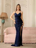 Vestido Longo Cintilante Bordado em Lantejoulas Champagne