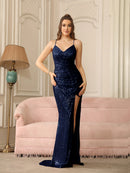 Vestido Longo Cintilante Bordado em Lantejoulas Vinho