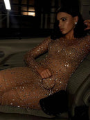 Vestido Longo Segunda Pele Com Strass Nude